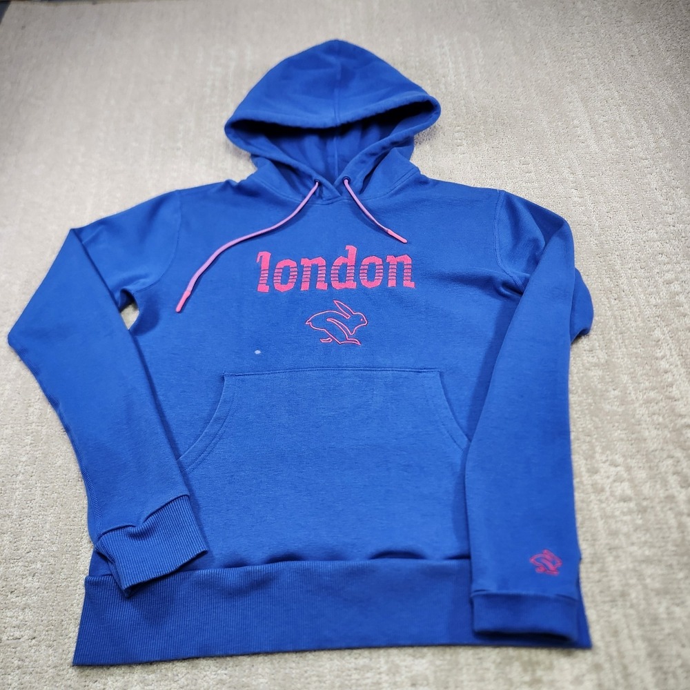 Rabbit Running Hoodie Women XS London 26 Blue Cotton Fleece Sweatshirt